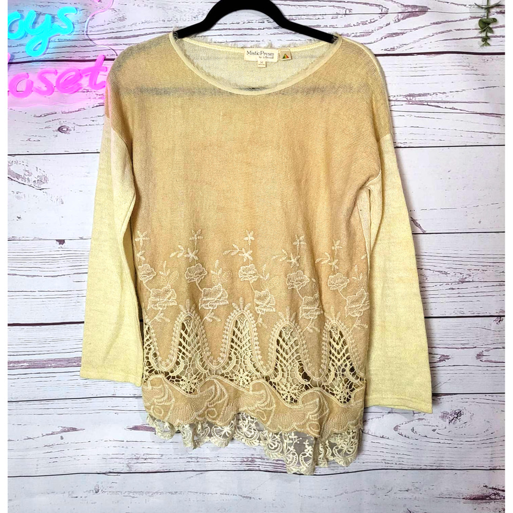 Mistic Prysm by Listicle Cream Crochet Floral Boho Pullover Sweater Woman Medium